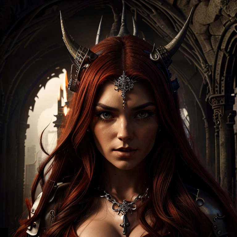 1 Demon woman with horns, fiery red long hair, ultra detailed face and eyes, hyperrealistic, realistic representation, 30 years old, dancing in hell, pretty face, her clothing is a long chain dress, full body view