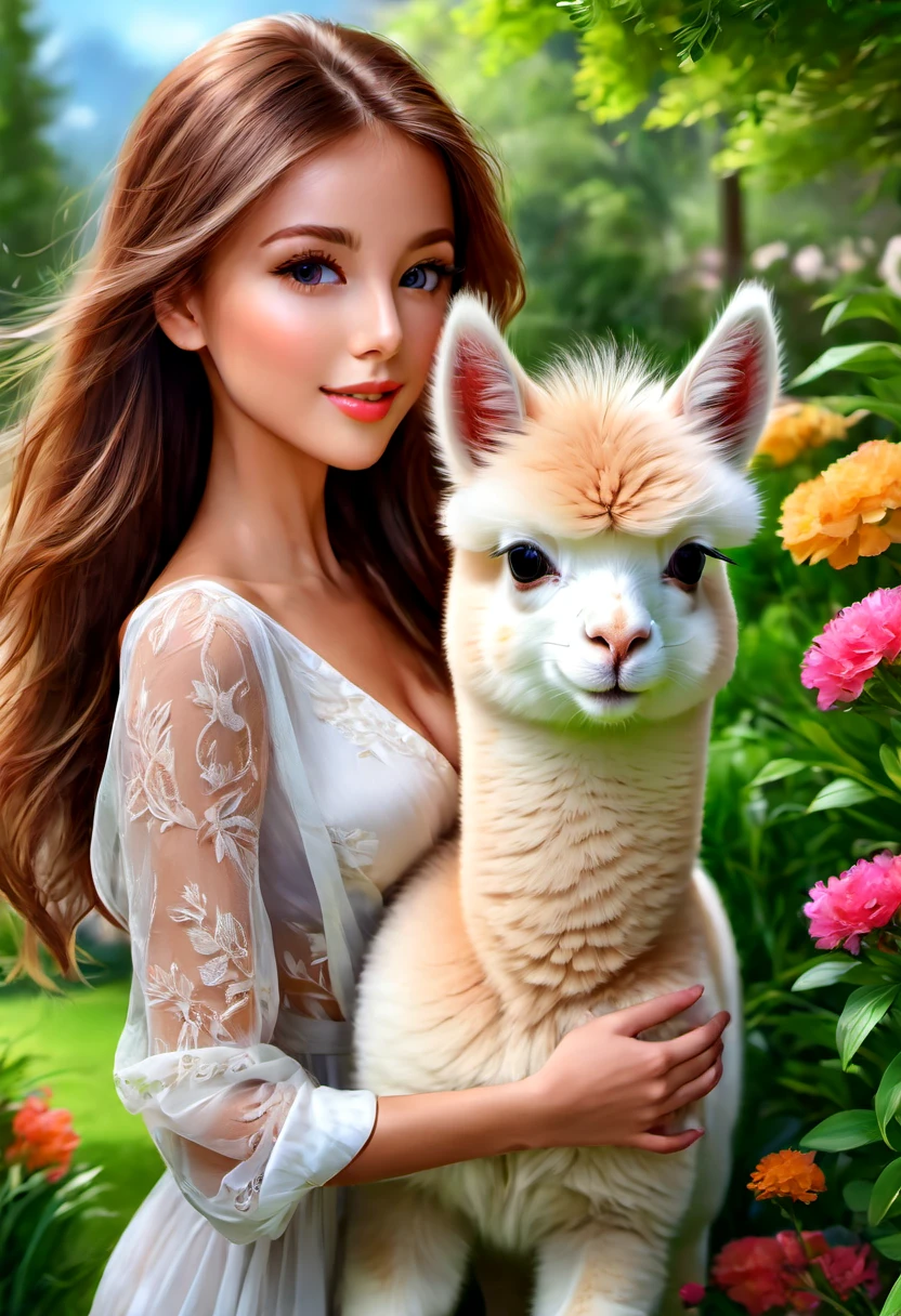 An Alpaca, aesthetic, A girl in a garden, illustration, peaceful, beautiful flowers and trees, soft sunlight, (best quality,4k,8k,highres,masterpiece:1.2), ultra-detailed, (realistic,photorealistic,photo-realistic:1.37), colorful, bokeh, portraits