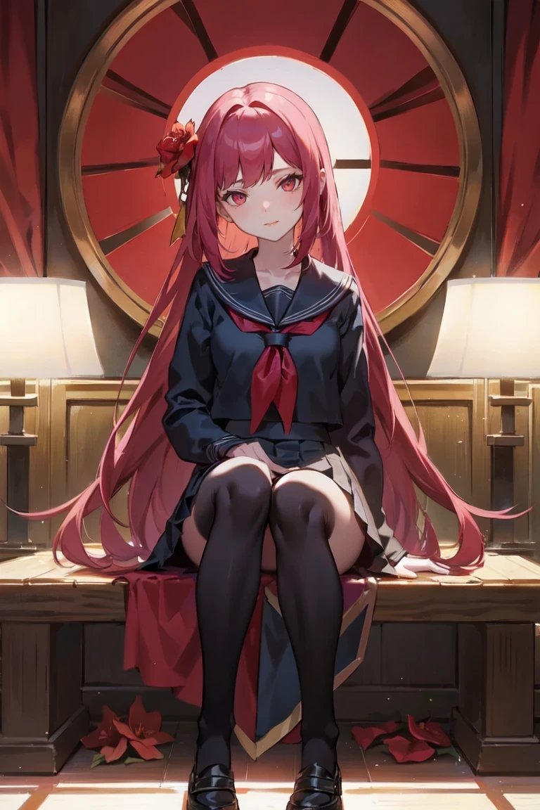upper body, camellia, flower, red_flower, red_rose, rose, sword, weapon, katana, 1girl, pink_rose, pink_flower, spider_lily, shoes, long_hair, school_uniform, serafuku, sheath, skirt, solo, holding_sword, sheathed, vase, looking_at_viewer, sitting, orange_flower, pleated_skirt, rose_petals, black_shirt, black_legwear, black_skirt, holding_sheath, hibiscus, very_long_hair, parted_lips, loafers, sailor_collar, black_hair, neckerchief,