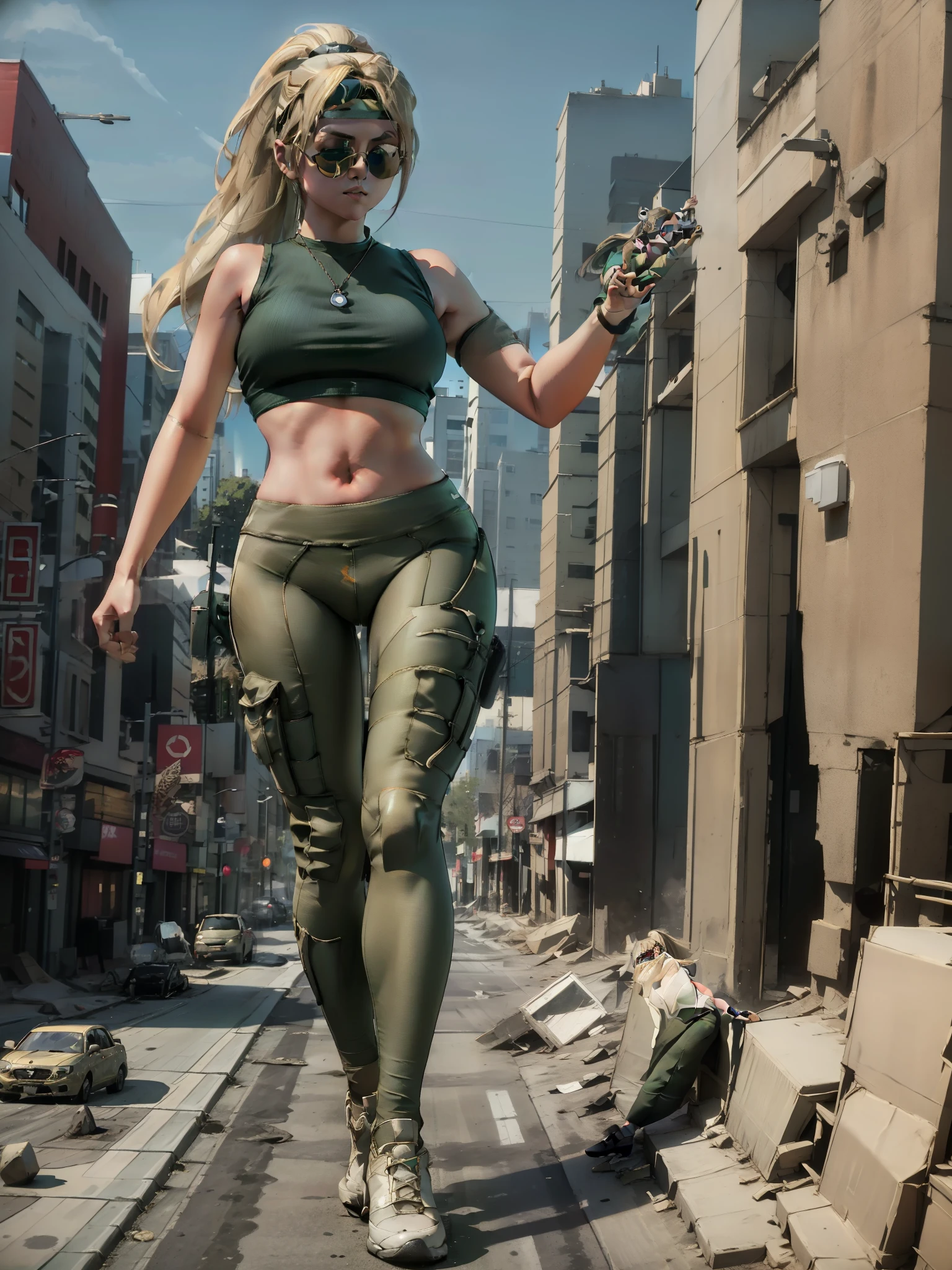 Masterpiece, best quality, award-winning, giantess, solo, 1girl, blonde hair, solo, ponytail, green top, green yoga pants, sunglasses, walking in the city