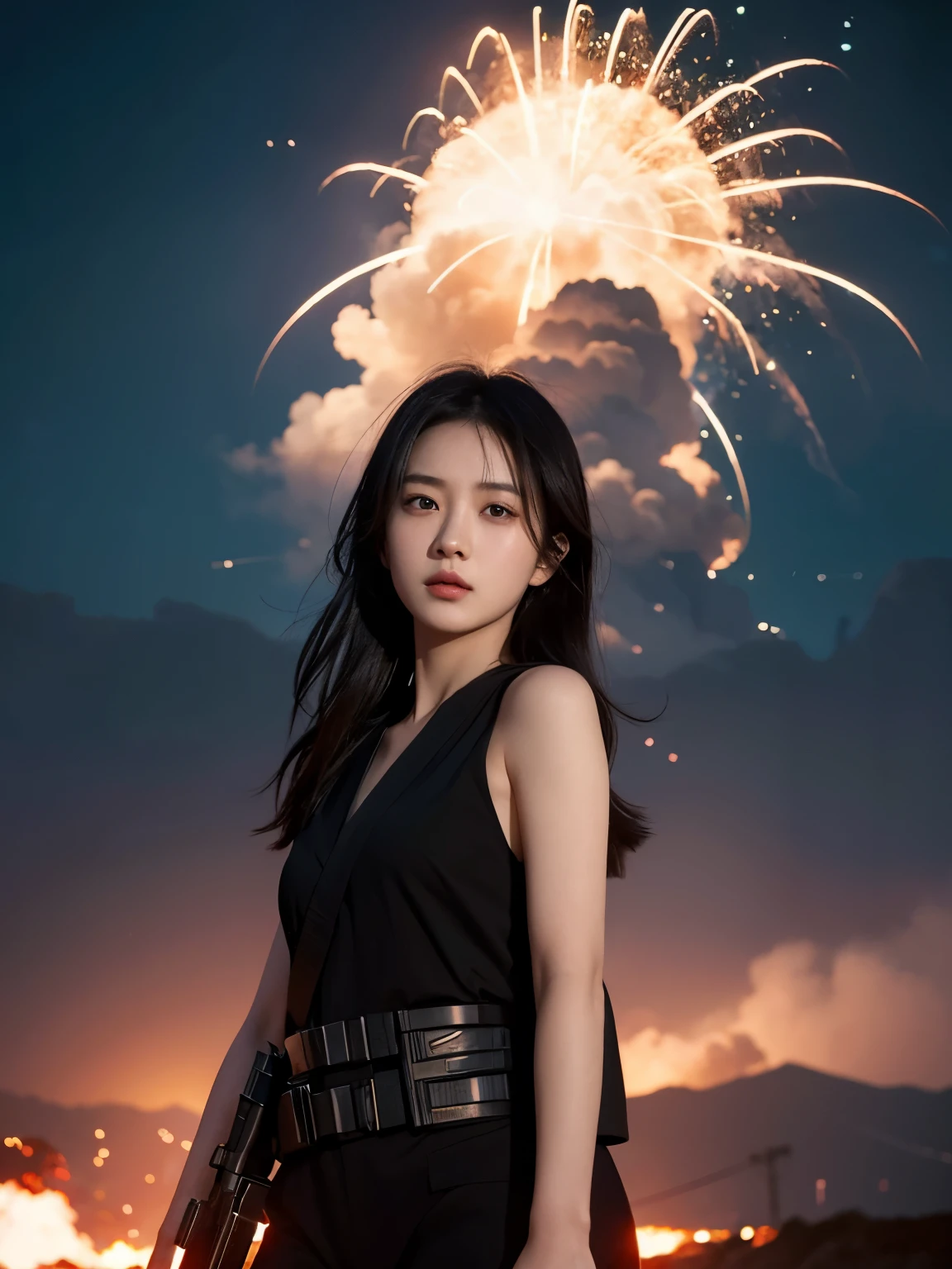 A movie poster of a beautiful Japanese girl with beautiful eyes, sci-fi, with a gun, explosions behind, cinematic lighting, smoke effect at the bottom, movie shot framing, high quality, ultra detail, 8k, promptingreal style, photon style