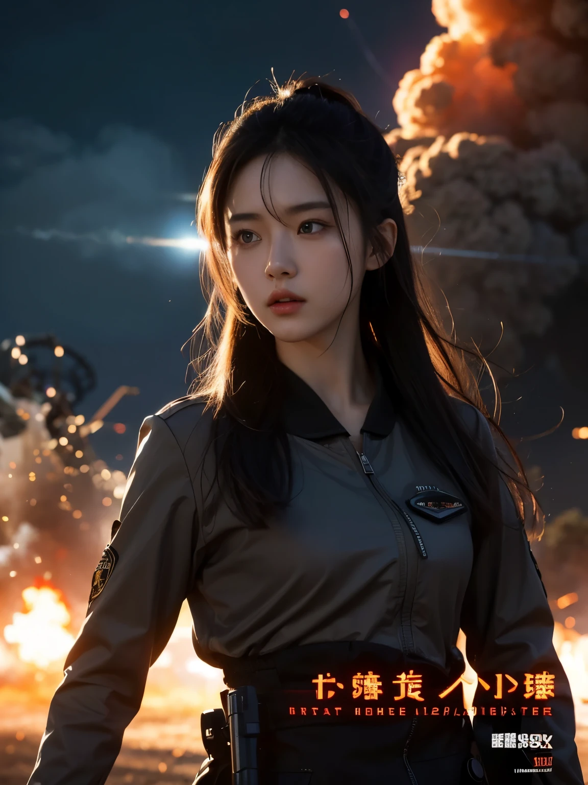A movie poster of a beautiful Japanese girl with beautiful eyes, sci-fi, with a gun, explosions behind, cinematic lighting, smoke effect at the bottom, movie shot framing, high quality, ultra detail, 8k, promptingreal style, photon style
