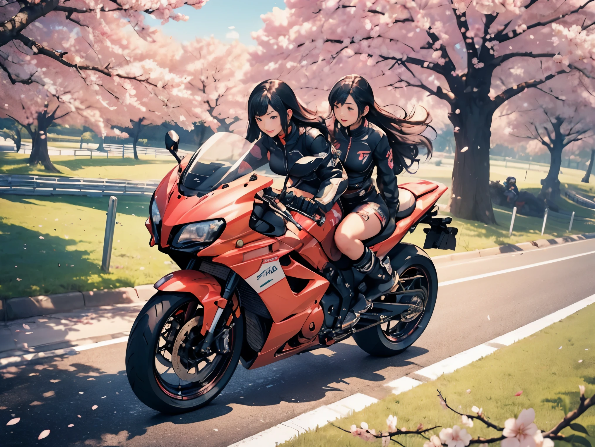 (ultra-detailed,masterpiece),Two Japanese girls are racing on motorcycles,Two motorcycles are riding side by side,Inside the circuit where cherry blossoms are in full bloom,isometric view,fit body,big breast,thin waist,wide hips,thick legs,perfect body,