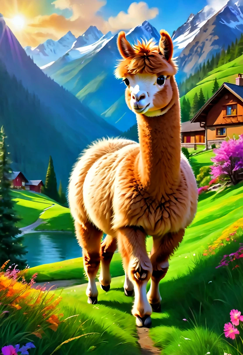 An Alpaca, aesthetic, best quality,ultra-detailed,realistic,photorealistic,alpaca,random activities,funny expressions,fluffy fur,cute eyes,curious pose,playful behavior,beautiful landscape,green grass,tall mountains,vibrant colors,sunshine,soft lighting,adventurous spirit,pure joy,memorable moment,artistic style,creative composition,colorful palette,harmonious atmosphere,ethereal ambiance,vivid details,dynamic motion,joyful energy,surreal elements,imaginative interpretation,sense of wonder,whimsical touch,playful imagination,unpredictable actions,mischievous smile,lively personality,surprising encounters,unexpected scenarios,endearing sight,delightful surprises,magical moments,fantastical elements,heartwarming scenes,cherished memories