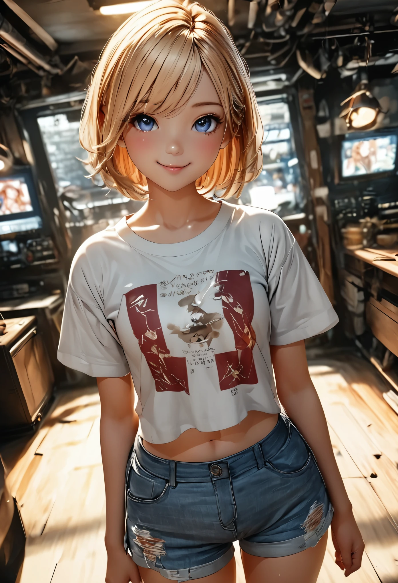masterpiece、highest quality、Highest Level、Best image quality、Pieces fly、Intricate details、High resolution、Depth Field、Natural light、Professional Lighting、(One girl)、(cute:1.3)、Very beautiful manga girl、素敵なsmile、Red cheeks、(Skin with attention to detail: 1.2)、Photorealistic Anime Girl Rendering、Realistic anime 3D style、Beautiful brown short hair、Intense deep blue eyes、Strong eye highlights、(Small box)、Perfect Anatomy、((Damaged denim shorts))、Put your hands behind your back、Against the wall、When I look through the viewfinder、Tilt your head、Blonde、iris blue eyes、(A body made shiny with oil)、8k resolution、Complicated clothes、Exquisite details、Boyish Girl、()、smile、Angle from the feet、Angle from below、Angle looking up from below、