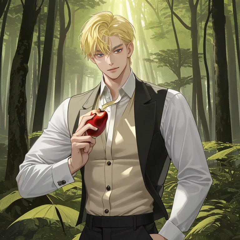 A mixed-race man that's half asian and half European. He's standing in a forest, leaning against a tree with a subtle smirk on his face that shows his dimples. His hair was very short and blonde. He was wearing a white blouse, brown vest, and black trousers. The forest was enchanting and beautiful. The sunlight shone the forest, made it look ethereal as ever. The color of his eyes are black. He looks a little smug. In his hand, he was holding a white apple that is already been bitten once. His face features were very masculine. 