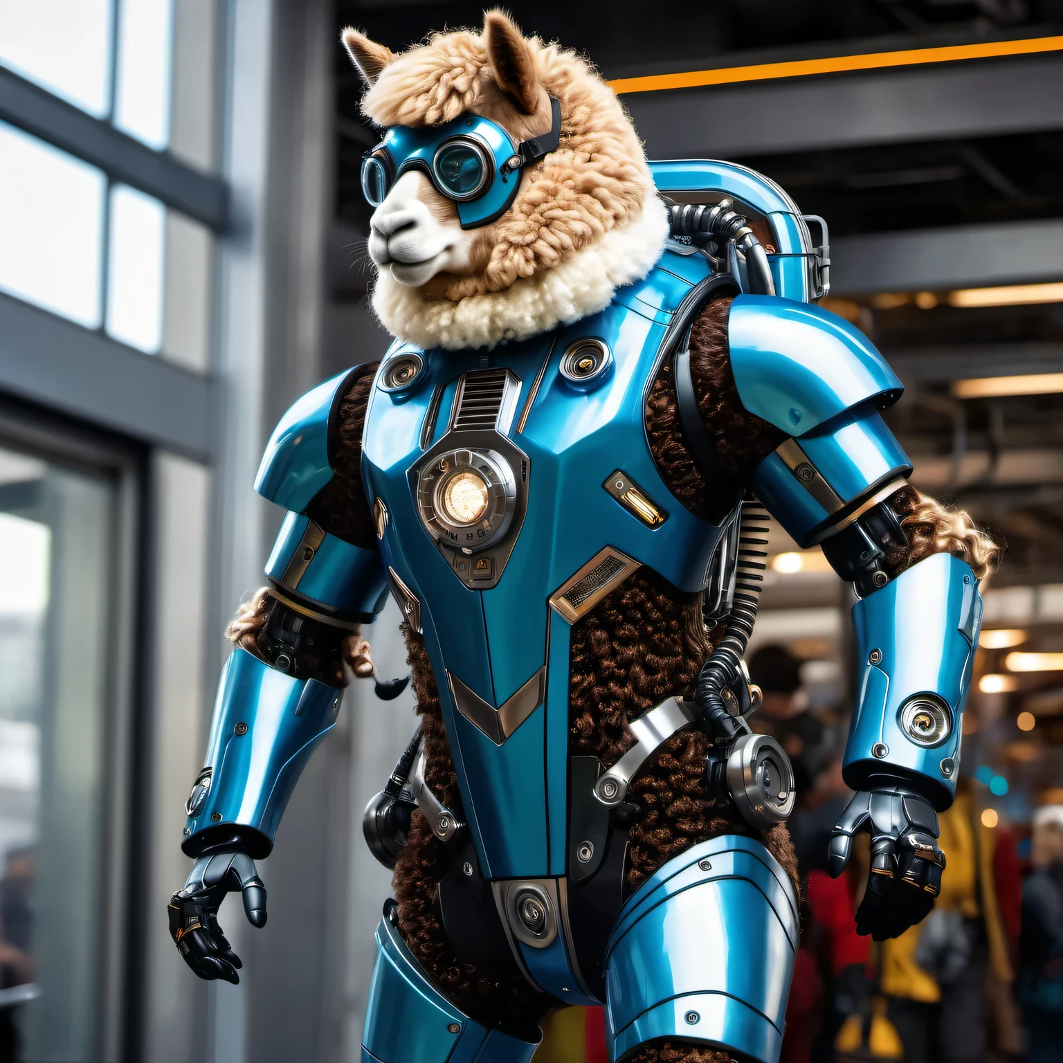 Realistic photo with the image of a humanoid (anthropomorphic) alpaca superhero in a high-tech electronic mechanical suit, fluffy and curly, long hair, Movement action, dieselpunk, High detail, many details of the image, very complex, 32K, Hyperrealistic, full pose, full body