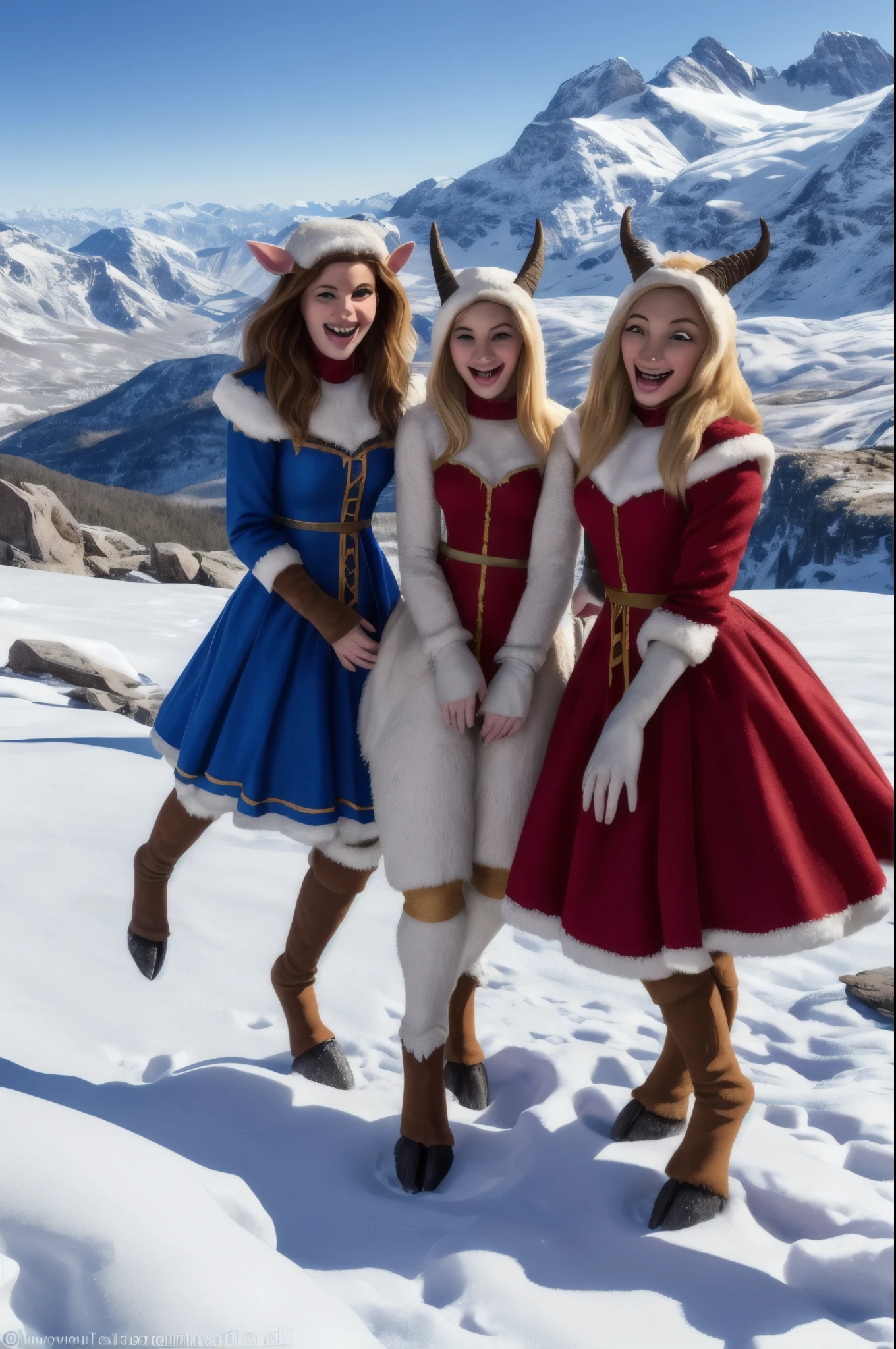 Three young women dressed in elaborate goat costumes on a scenic winter mountain trail. Each woman has a distinct hair color showing above their costume: red, brunette, and blonde. Their faces are attractive and visible above the costume neckline, with a joyful expression on each. The costumes are meticulously detailed with fur, paws, and hooves, enhancing their realism. The setting is a rugged, snow-covered mountain landscape with the trail winding through. The wide aspect ratio captures the expansive mountainous backdrop and their animated interaction.