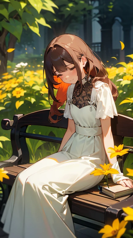 A slightly embarrassed smile、Elegant young woman sitting on a wrought iron bench in the center of a lush garden. The garden should be filled with colorful flowers and greenery., Create a vibrant and serene atmosphere. A woman should last a long time, Flowing brown hair, A style with gentle curls that fall gently down your back. She is expected to wear a flowing white dress with delicate lace accents., When she sits on the bench、It floats around her. In her left hand, The woman should have a leather bound book with gold pages., As if you were in the middle of reading it. Her right hand should be resting gently on a small object., A gorgeous table next to a bench. On the table, There should be a vase with freshly cut flowers., The vibrant red and yellow petals perfectly complement the surrounding plants.. Next to the vase, There should be a small cup of steaming tea., Emits fragrant steam、Swirling in the air. The woman should have a calm expression., Like totally at peace、As if enjoying the natural beauty around you. Her eyes should be closed, It&#39;s like enjoying the scent of flowers and the warm breeze on your skin.. The overall image is、It should convey a sense of calm and contentment。