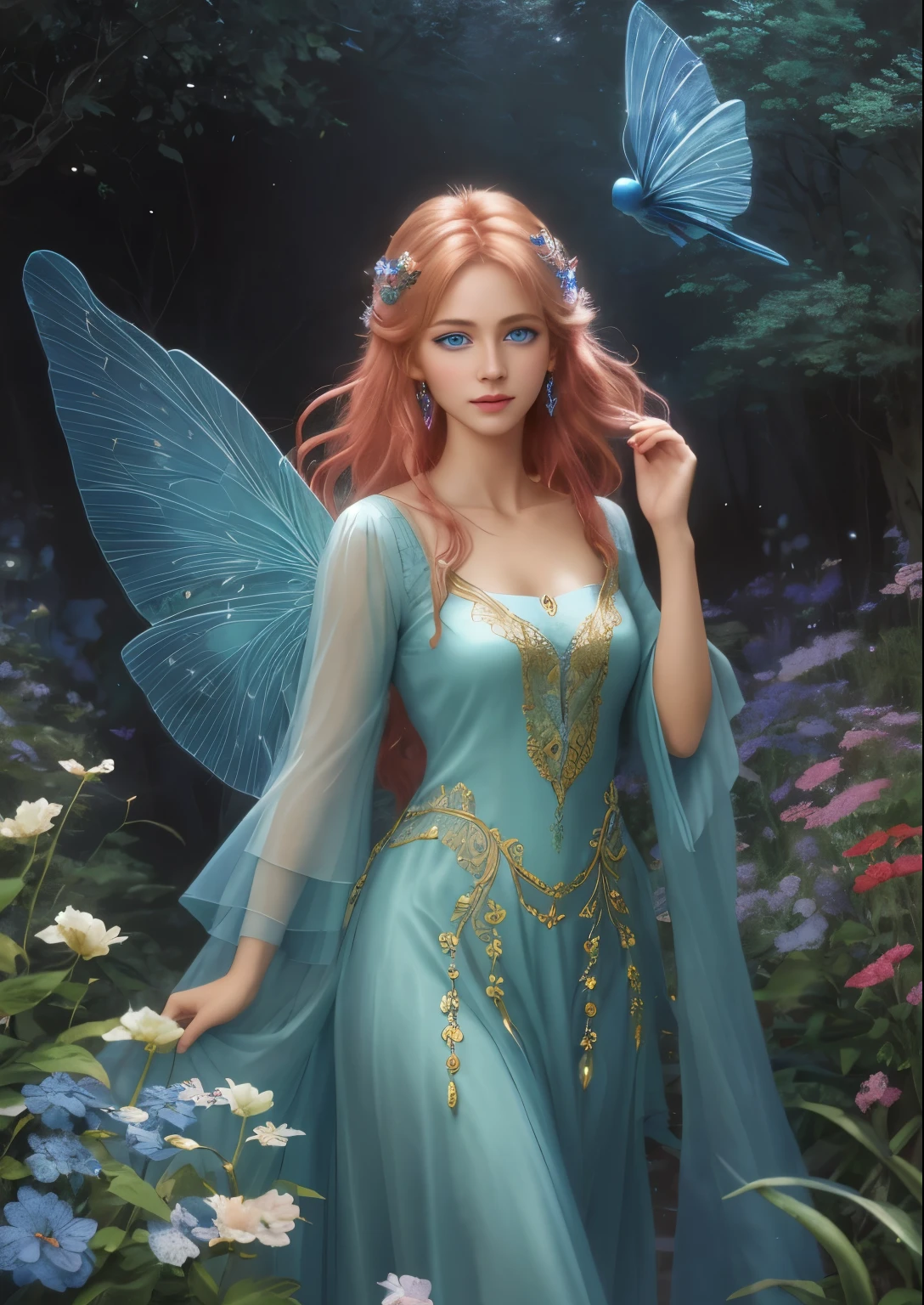 An image of 3 fairies with unique features living in an enchanted forest. The first fairy has long, golden hair, blue dress and transparent wings. The second fairy has short, red hair, a green dress, and sparkling wings. The third fairy has curly brown hair, pink dress and wings with colorful sparkles. The image should convey the joy and magic of the fairies, with vivid and vibrant colors. Digital illustration, fantastic art style, top-quality、Smooth straight blonde hair、(best quality, masterpiece:1.4, beautiful and aesthetic), 8K, (HDR:1.4), high contrast, extremely detailed, hyper realistic, absurdres:1.2, Kodak portra 400, bokeh:1.2, lens flare, (vibrant color:1.4), (muted colors, dim colors, soothing tones:0), cinematic lighting, ambient lighting, sidelighting, Exquisite details and textures, cinematic shot, Warm tone, (Bright and intense:1.2), wide shot, ultra realistic illustration, anime style, Art by Kinuko Y. Craft and Josephine Wall, Stephanie Law, Linda Ravenscroft, Strolling through an enchanting cosmic garden veiled in mystic fog, a person ventures forward, guided by the unseen wonders that unfold with each step, painting a captivating tapestry of celestial secrets. Embarking on a journey where the immediate future remains obscured, they embrace the allure of the unknown, weaving their way through a celestial ballet of whispers and wonders.(Melody Marks:1.3),(deep blue eyes:1.4), eleonora pavinato, high-resolution, realistic portrayal, fashion-forward, loving bond, trendy attire, captivating smiles, natural beauty, professional lighting, contemporary style, artistic composition