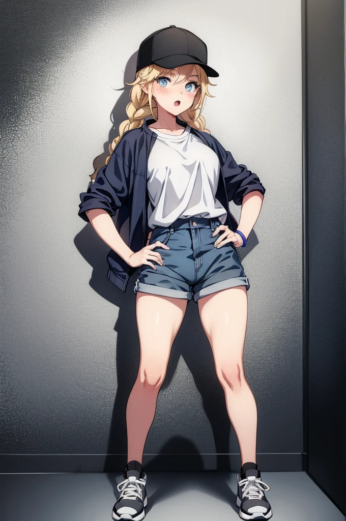 (((grayscale)))(masterpiece:1.2, best quality), (graffiti wall:1.15), 1lady, beanie, jacket, Leggings, blue eyes, fullbody,an attractive female cartoon character with blonde hair and shorts on standing up in a cap, 1girl, solo, twin braids, long hair, braid, blue eyes, hat, shorts, blonde hair, shirt, open mouth, wristband, white shirt, baseball cap, breasts, gradient background, short sleeves, shirt tucked in, blush, gradient, looking at viewer, thighs, black headwear