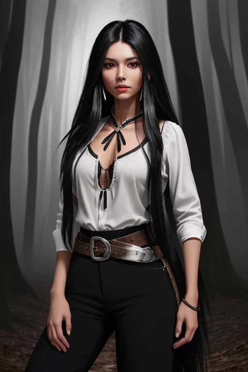 20 year old woman black hair sexy complexion native American long hair black blouse black vest black pants black belt with silver buckle background of night forest with fog