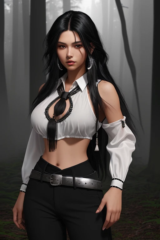 20 year old woman black hair sexy complexion native American long hair black blouse black vest black pants black belt with silver buckle background of night forest with fog 