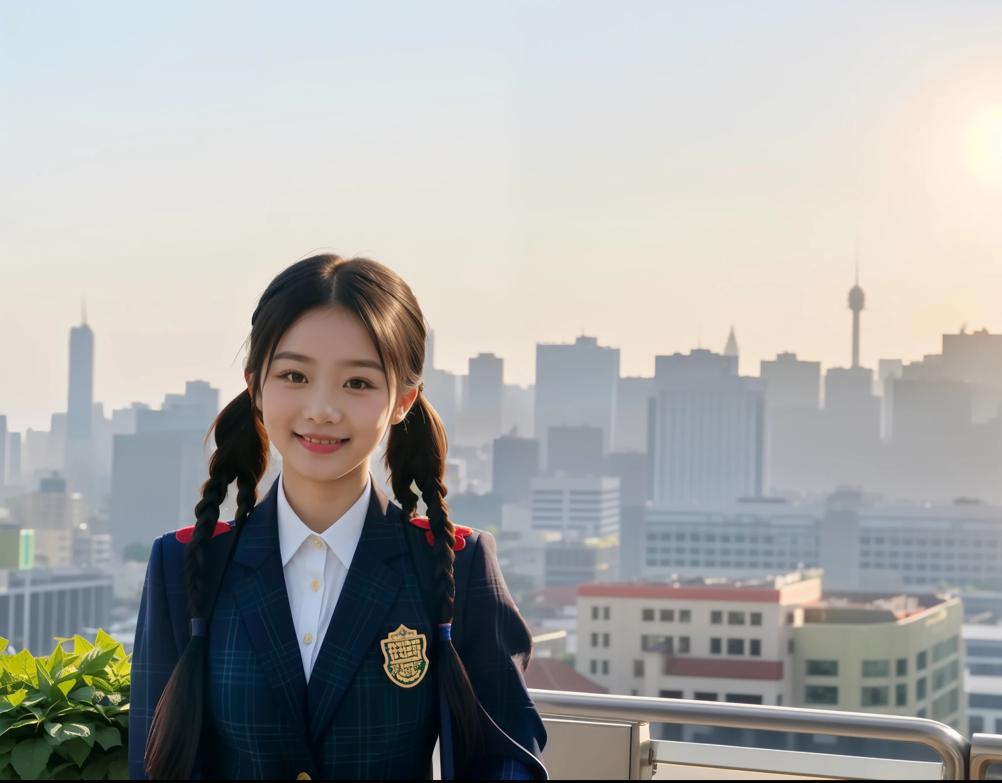 (high-quality,detailed),Thai ,traditional design,(vibrant colors,bright colors),(plaid pattern,tartan pattern),pleated skirt,(crisp texture,smooth fabric),(white shirt,buttoned-up shirt),(structured blazer,smart blazer),(knee-high socks,high socks),black shoes,(neat appearance,well-groomed),(confident pose,upright posture),school campus,(lush greenery,beautiful garden),(sunshine,bright sunlight),(happy expression,smiling face),book bag,(school emblem,embroidered badge),(pigtails,hair tied up)