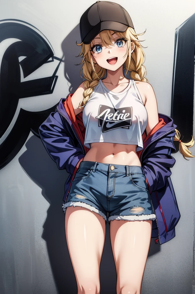 (((grayscale)))(masterpiece:1.2, best quality), (graffiti wall:1.15), 1lady, beanie, jacket, Leggings, blue eyes, fullbody,an anime female super hero posing with a baseball cap over her eyes, 1girl, solo, hat, shorts, blonde hair, twin braids, navel, crop top, denim shorts, jacket, breasts, smile, red eyes, open mouth, denim, shirt, braid, long hair, crop top overhang, white shirt, looking at viewer, midriff, baseball cap, short shorts, off shoulder, stomach, :d, open jacket, large breasts, black headwear, red jacket, cutoffs, open clothes, cowboy shot, thighs ,Eiko Tsukimi, blue eyes, braid, twin braids, blonde hair, semi long hair,