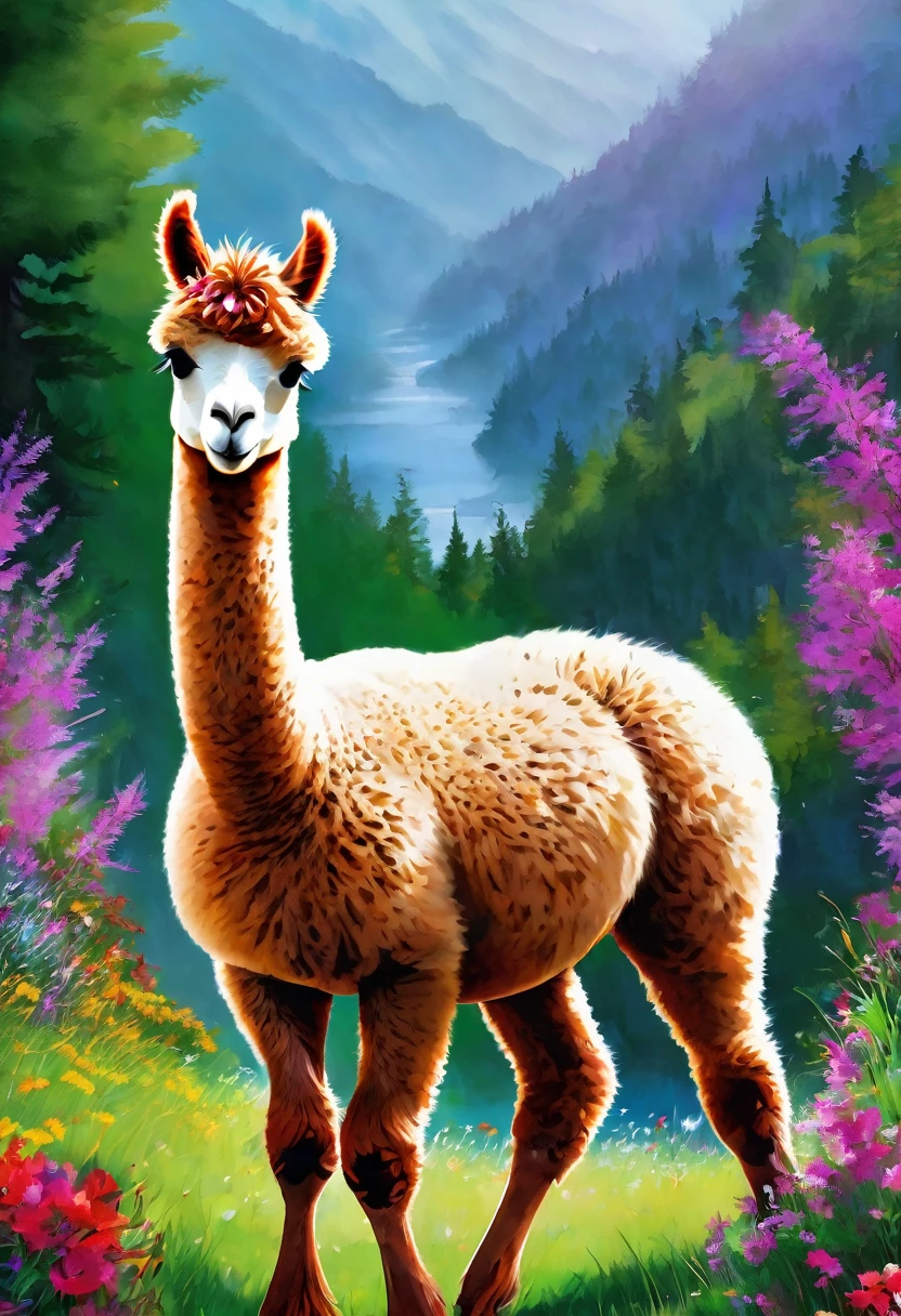 An Alpaca, aesthetic, (high-quality, realistic, vibrant colors, detailed) An alpaca explores its surroundings, showcasing its playful and curious nature. Its fluffy white coat is intricately textured, creating a 3D effect. The alpaca's expressive eyes captivate with their vivid blue hue, while its long, curly lashes add a touch of elegance. As it moves, its slender legs gracefully carry its fluffy body, creating a sense of lightness. The alpaca's inquisitive mouth nibbles on grass, portraying its love for exploring and trying new things. Its surroundings bloom with an array of vibrant flowers, filling the scene with a burst of colors. The soft sunlight casts a warm glow on the alpaca and the surrounding landscape, highlighting every intricate detail. The artwork captures the alpaca's delightful personality, rendering it with astonishing realism and precision. The picture exudes a cheerful and lively ambiance, showcasing the alpaca's joy as it indulges in its random adventures.