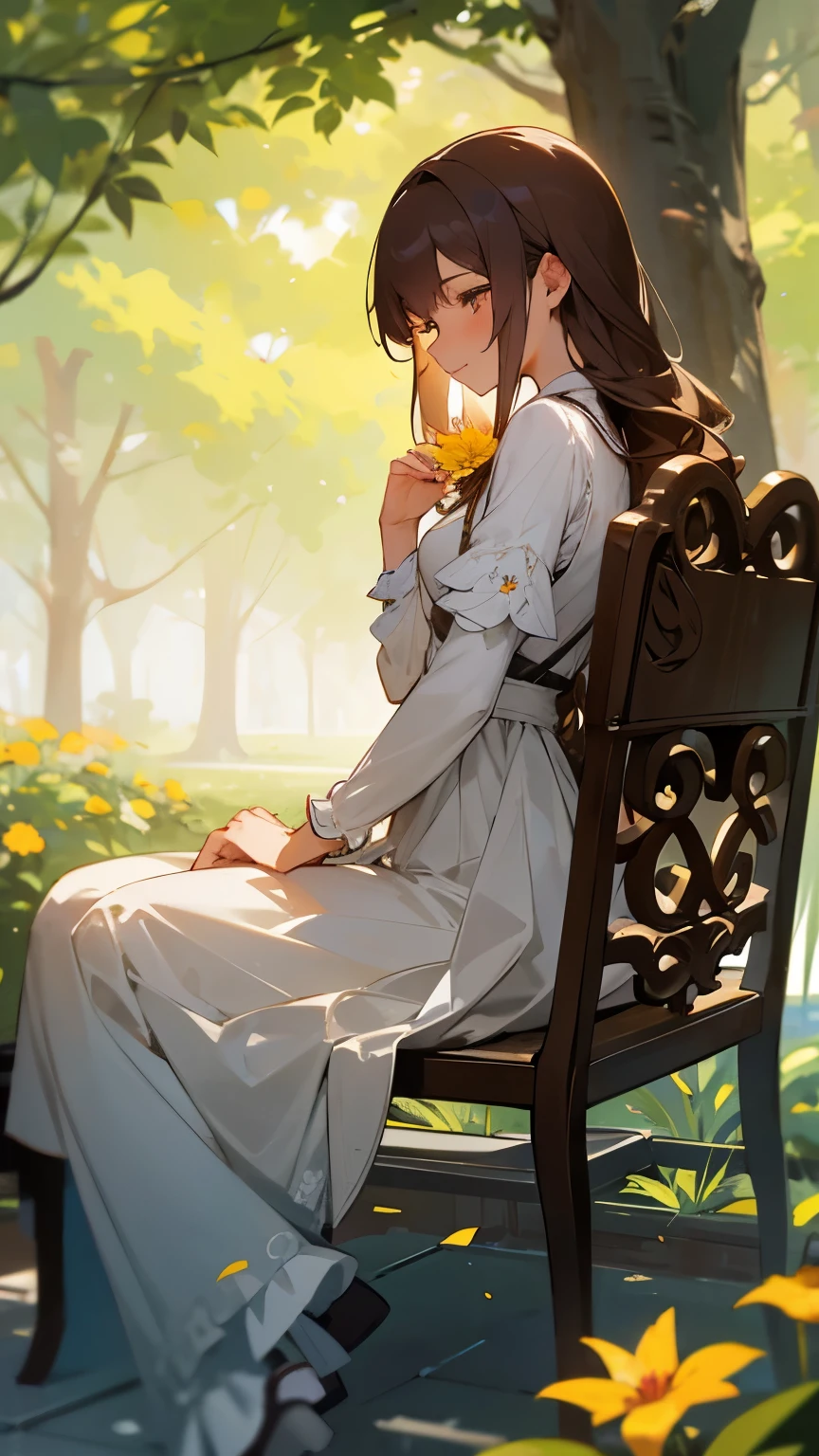 A slightly embarrassed smile、Elegant young woman sitting on a wrought iron bench in the center of a lush garden. The garden should be filled with colorful flowers and greenery., Create a vibrant and serene atmosphere. A woman should last a long time, Flowing brown hair, A style with gentle curls that fall gently down your back. She is expected to wear a flowing white dress with delicate lace accents., When she sits on the bench、It floats around her. In her left hand, The woman should have a leather bound book with gold pages., As if you were in the middle of reading it. Her right hand should be resting gently on a small object., A gorgeous table next to a bench. On the table, There should be a vase with freshly cut flowers., The vibrant red and yellow petals perfectly complement the surrounding plants.. Next to the vase, There should be a small cup of steaming tea., Emits fragrant steam、Swirling in the air. The woman should have a calm expression., Like totally at peace、As if enjoying the natural beauty around you. Her eyes should be closed, It's like enjoying the scent of flowers and the warm breeze on your skin.. The overall image is、It should convey a sense of calm and contentment。