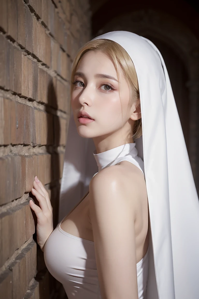 ((masterpiece, highest quality, Highest image quality, High resolution, photorealistic, Raw photo, 8K)), ((Extremely detailed CG unified 8k wallpaper)), (huge stunning goddess shot, very hot and sexy, jaw-dropping beauty, perfect proportions, beautiful body, slim body beauty:1.4), Medieval church, brick walls, young nun crying for the camera, ((nun, wearing white nun's outfit, no skin showing, Cross, intricate detailing:1.3)), white saint, 