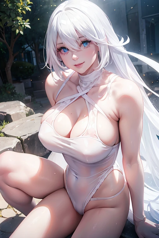 2womanl, Solo, White hair, Parted bangs, Forehead, Single long blade, Blue eyes, pink lips, White tank top, White pantie, Smile, Outdoors, white skin, really white skin, white and pink skin, glowing eye, sex, lesbian, realistic face, golden ration , beautiful face