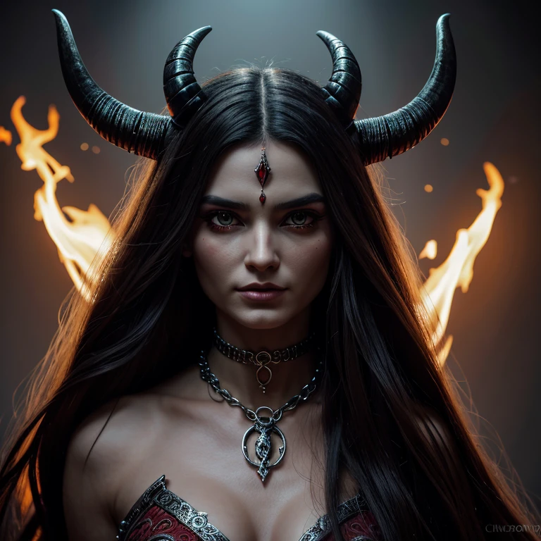 arafed woman with horns and a big booby posing for a picture, cinematic goddess body shot, muscular ultraviolent woman, muscular and terrifying, oiled skin, muscular sweat , sweaty 4 k, heavy gesture style closeup, heavy looking, a very beautiful berserker woman, dramatic lighting hyper detail, many scars. cinematic lighting, hyperdetailed skin