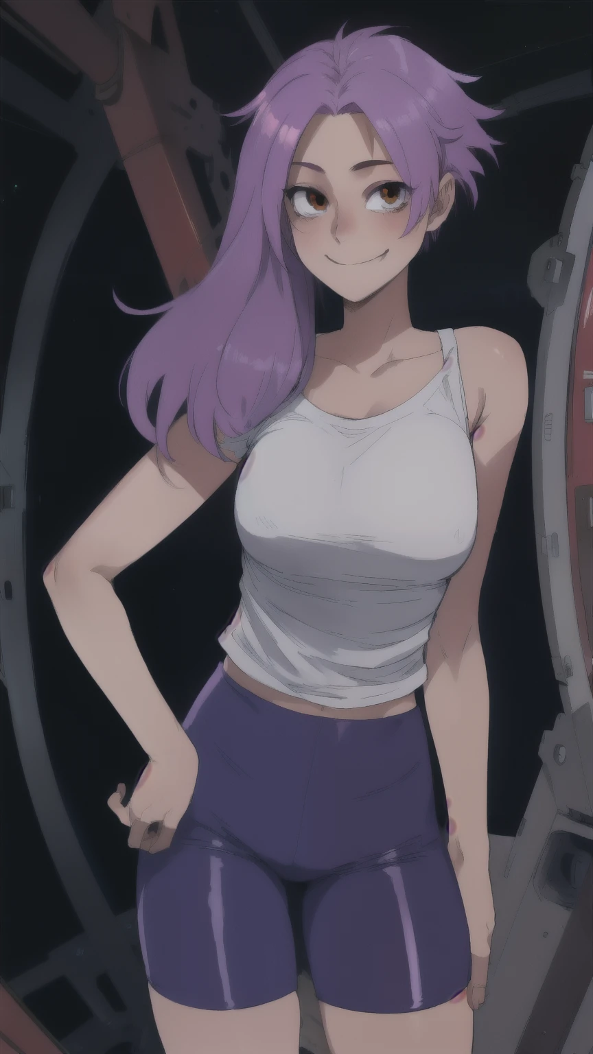 Edward,life, purple long hair,(white loose shirt),from the shoulder,
cycling shorts,Brown eyes,
smile,space station,Engine Room,hands on hips,
standing,upper body,
(insanely detailed, beautiful detailed face, masterpiece, Best quality), ass