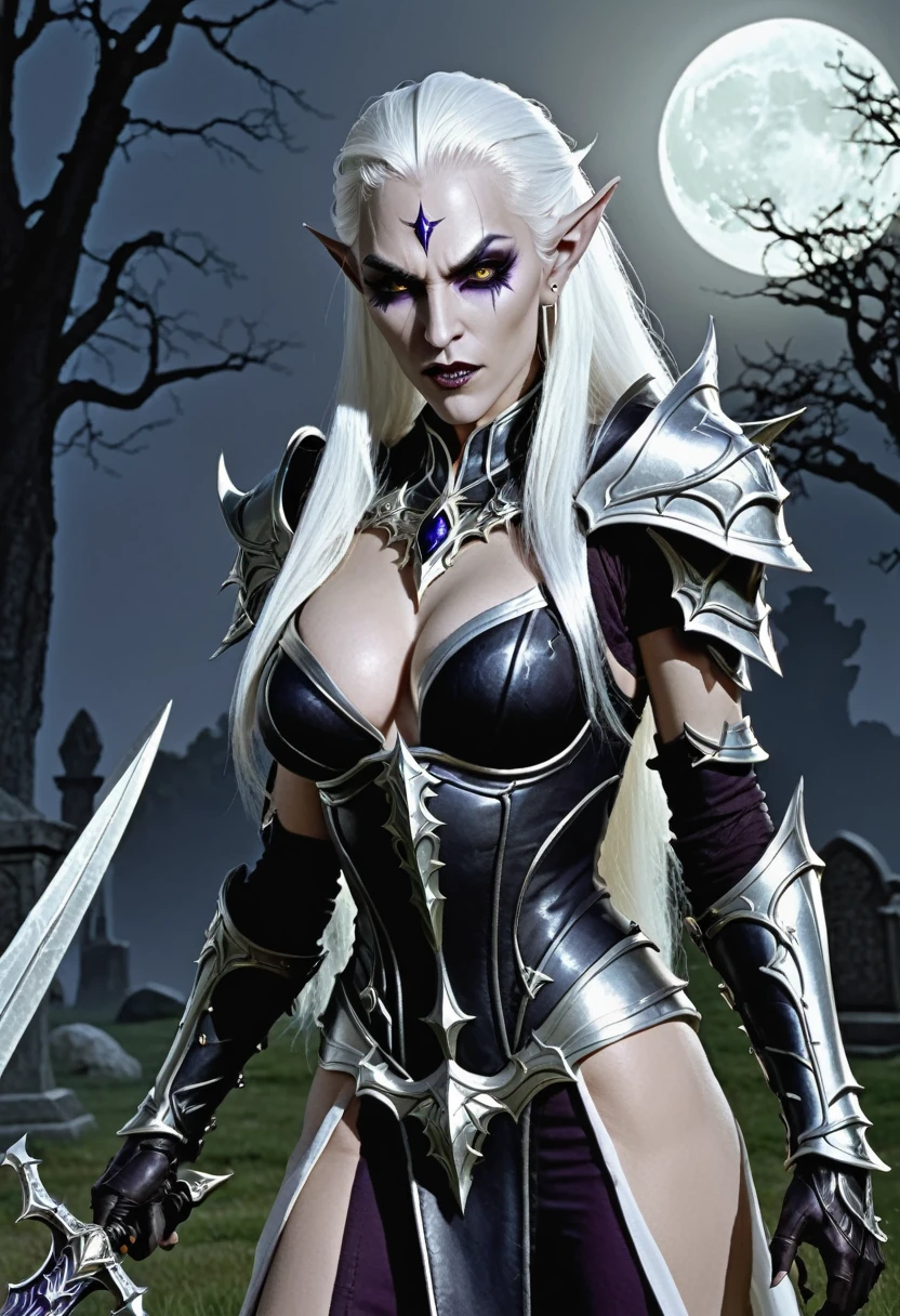 Everquest dark elf ,white eyebrows, eyelashes, angry mouth expression,smooth skin, dark skin color, long luscious platinum white hair, long detailed white goatee, detailed evil dark paladin armor, fantasy two handed blade, in a graveyard with tumbstone at night natural moon light