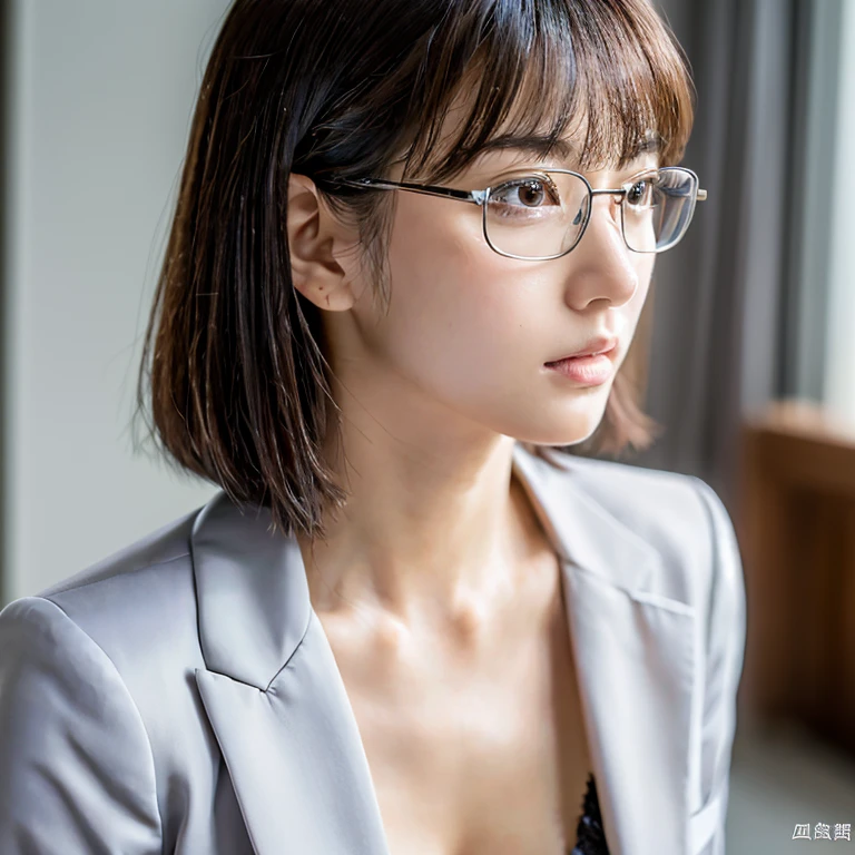 I&#39;is working、sexy、Inconspicuous、quiet、beautiful girl、Japanese、Beautiful breasts、Short Bob、suit、Round face、thin, Round glasses with silver rim、job hunting、Big Breasts,Ultra-Realistic Capture, Very detailed, High resolution 16K human skin close-up. Skin texture must be natural, So detailed that even pores can be distinguished. Skin looks healthier, In a uniform tone. Use natural light and color,(RAW Photos, highest quality), highest quality, Very detailed, masterpiece, Super detailed