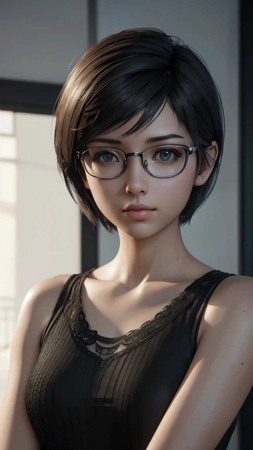 pencil sketch. short hair, cute girl 15 years old wearing glasses with metal frames, . ((elegance. photorealism. Unreal engine. 3d model. Ultra high quality textures. High detail. 8k resolution))