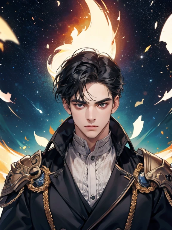 (melhor qualidade, obra de arte, 8k, fotorrealista, cinematic lighting, Imagem HDR, ultra detalhado, Imagem bonita), 1 homem, 31 anos, homem maduro, muito bonito, (without expression, serious), cabelo preto curto, olhos pretos ( olhar penetrante), postura imponente, homem de negocios, office background