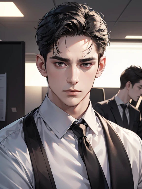 (best quality, masterpiece, 8K, photorealistic, cinematic lighting, hdr image, ultra detailed, beautiful image), 1 man, 31 years old, mature man, very handsome, (without expression, serious), short black hair, black eyes ( penetrating gaze), imposing posture, businessman, office background