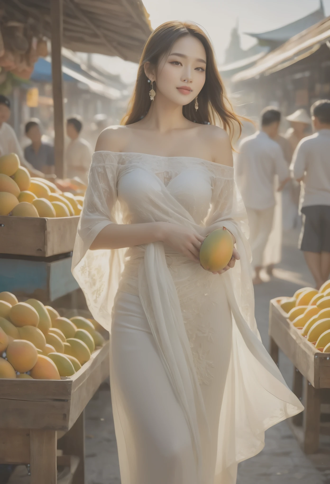 A charming and elegant Thai woman, dressed in a see through flowy off-shoulder top and a sheer white shawl, joyfully browsing through a variety of juicy mangoes at a lively flea market. The detailed rendering captures the essence of this scene, making it a feast for the eyes.