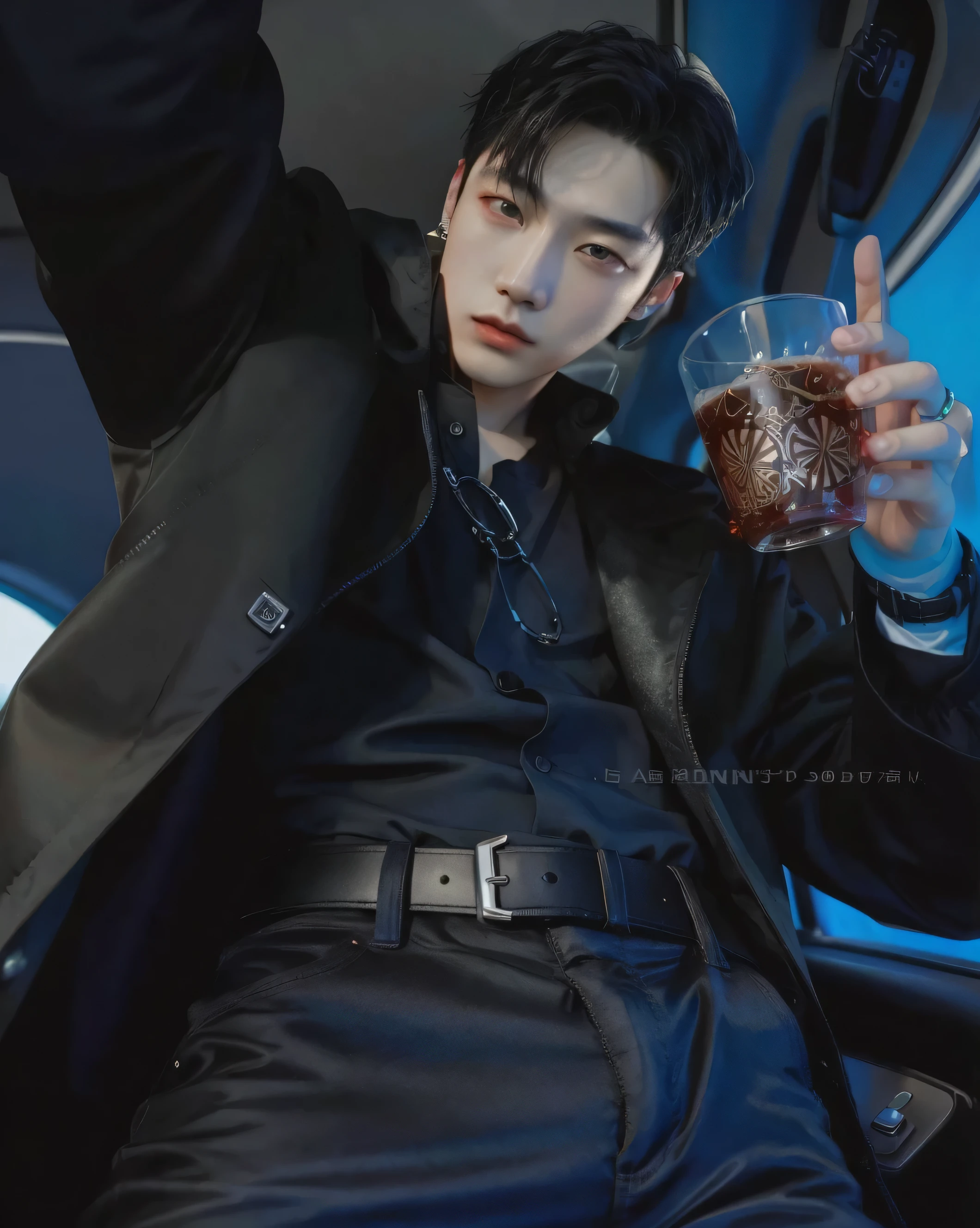 Hombre arafed con un abrigo negro sosteniendo una bebida en un auto, Won Bin Lee, tumblr, hsiao-ron, cai xukun, ❤🔥🍄🌪, fanart oficial, jungkook, aesthetic shot, diez lee, brillante por la lluvia, Kim Doyoung, rude composition, jia, posprocesado), inspirado en Gang Se-hwang, vampiro