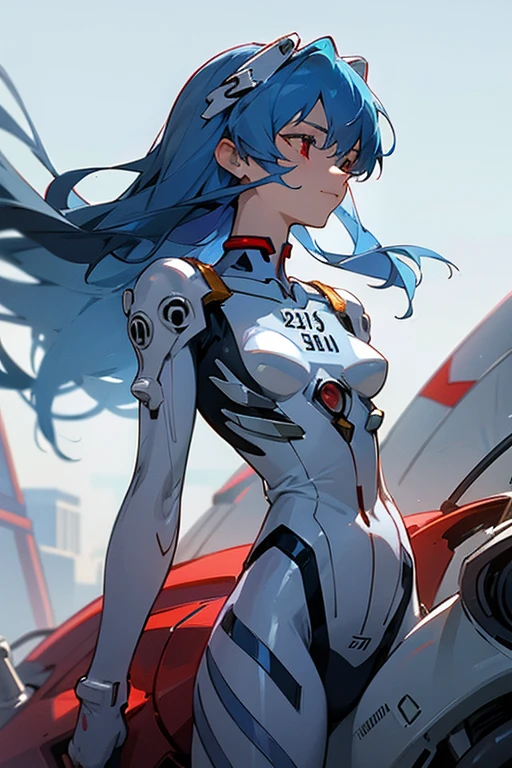 masterpiece、Highest quality, High resolution, high resolution, 8k、one person's, ayanamirei, long hair,細部までこだわったBeautiful Eyes、 Plug Suit、Interface Headset, Deep red moon、Light blue hair color, 超A high resolution 、(Latex suit)、Degrees of Freedom:1.9、Super big breasts:1.8、Small waist:1.3、Beautiful Eyes、A sophisticated eye、Detailed face、Upper Body、Close-up、smile、