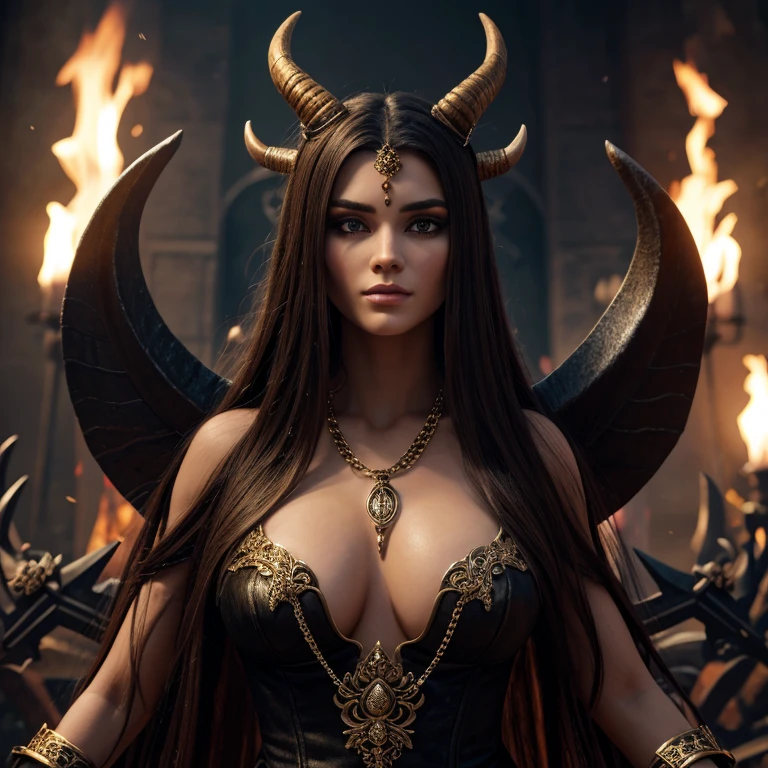 1 Demon woman with horns, long hair, ultra detailed face and eyes, hyperrealistic, realistic representation, 30 years old, dancing in hell, pretty face, her clothing is a long chain dress, full body view, full body view