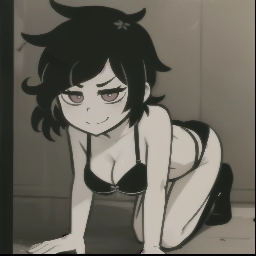 1girl,solo,smile,closed mouth,cleavage,collarbone,full body,(:3), bra and panties, crazy look,psycho girl,white outline, bathroom, on all fours,(cracked wall),