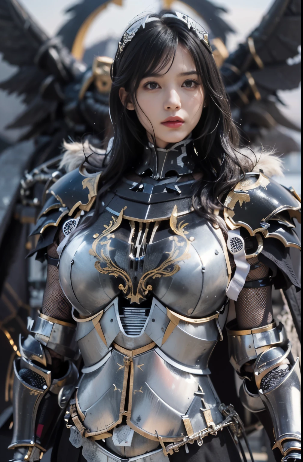 (masterpiece, best quality:1.2), (8k uhd, 16k, 32k, ultra high res), (photorealistic:1.37), (RAW photo), ultimate-realistic, ultimate-realistic details, ultimate-realistic texture, ultimate-intricate details, ultimate-realistic lighting, ultimate-realistic shadow, japanese girl, ultimate-cute face, ultimate-RAW skin, armor made of fine parts, ultimate-realistic eyes, Fallen angel, Lucifer, fallen, disastrous, (black mechanical knight armor:1.5), two pairs of jet black wings, straight hair, black hair, pretty Japanese woman, on top of a western castle tower