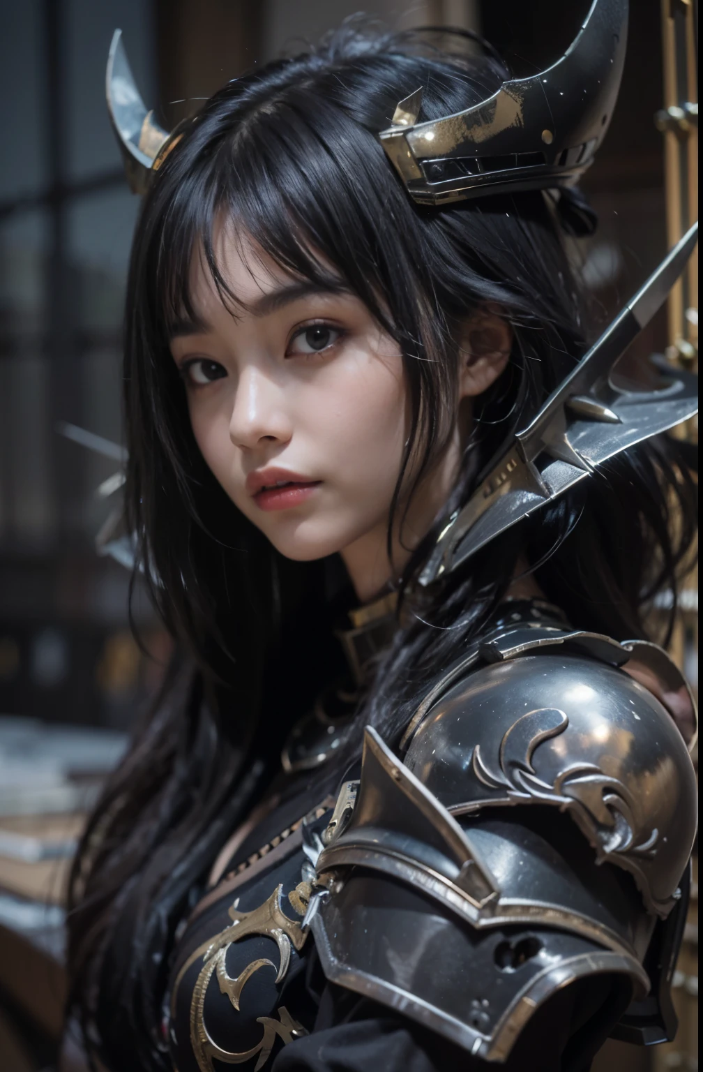 (masterpiece, best quality:1.2), (8k uhd, 16k, 32k, ultra high res), (photorealistic:1.37), (RAW photo), ultimate-realistic, ultimate-realistic details, ultimate-realistic texture, ultimate-intricate details, ultimate-realistic lighting, ultimate-realistic shadow, japanese girl, ultimate-cute face, ultimate-RAW skin, armor made of fine parts, ultimate-realistic eyes, Fallen angel, Lucifer, fallen, disastrous, (black mechanical knight armor:1.5), two pairs of jet black wings, straight hair, black hair, pretty Japanese woman, on top of a western castle tower