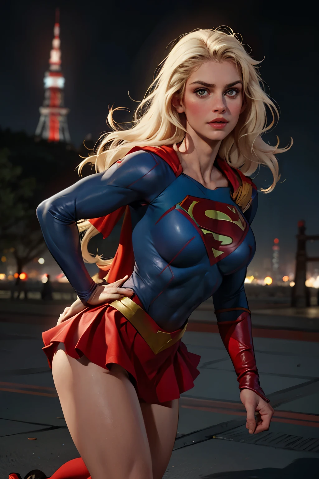 ((highest quality)), ((masterpiece)), (be familiar with), (High definition), (Realistic), (Realistic), (Best Shadow), Low contrast, (Complex:1.4), Side lighting, 8K, ((Helen Slator)), ((SUPER GIRL)), Perfect Face、Detailed、(Accurate hand and finger depiction)、supergirl women、Blonde、Voluptuous body、big breasts、Narrow waist、Big Ass、Alluring、glamorous、((doing a high kick:1.4))、Tokyo Tower、Night view