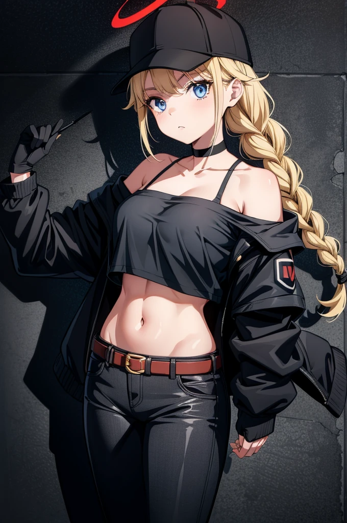(((grayscale)))(masterpiece:1.2, best quality), (graffiti wall:1.15), 1lady, beanie, jacket, Leggings, blue eyes, fullbody,a female cartoon character wearing a dark mask is posing, wearing a hat and black jacket, 1girl, halo, solo, breasts, blue eyes, long hair, gloves, navel, blonde hair, hat, jacket, mouth mask, choker, looking at viewer, mask, braid, off shoulder, black headwear, denim, belt, midriff, open jacket, black gloves, collarbone, black choker, open clothes, red background, bare shoulders, pants, long hair, crop top, twin braids, stomach