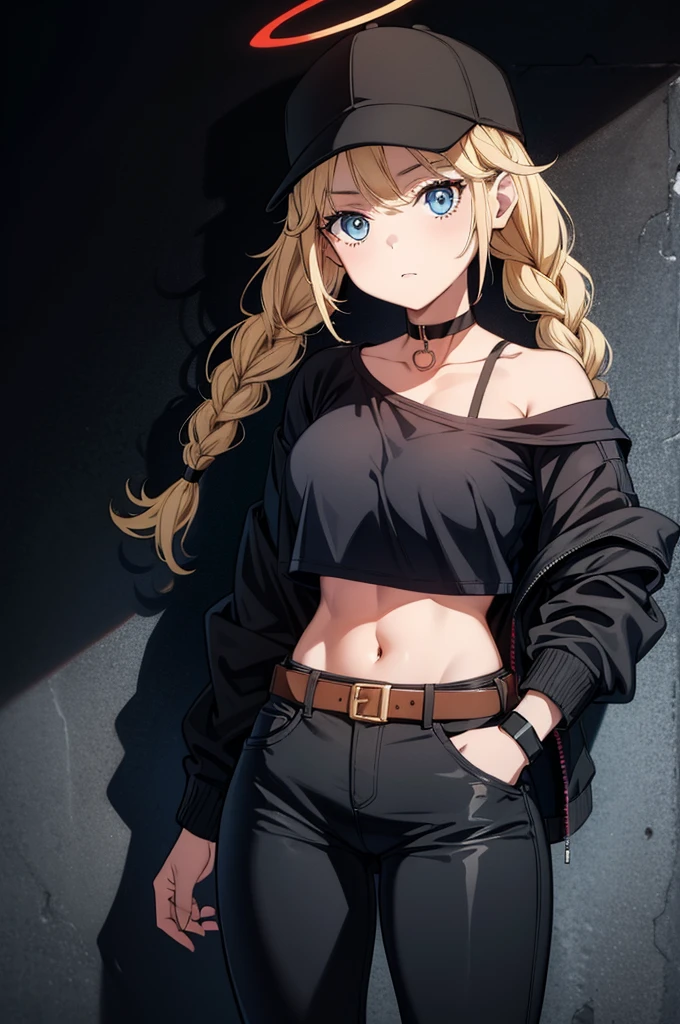 a woman with blond hair wearing black hat and holding a skateboard, 1girl, solo, blonde hair, piercing, hat, blue eyes, long hair, crop top, braid, shirt, navel, twin braids, navel piercing, looking at viewer, black shirt, black headwear, off-shoulder shirt, baseball cap, stomach, black pants, off shoulder, pants, short sleeves, jewelry, breasts, collarbone, tattoo, midriff, earrings, bare shoulders, cowboy shot