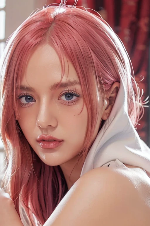 (((masterpiece))), (((best quality))), ((ultra-detailed)), (highly detailed CG illustration), vinsmoke reiju, (nsfw:1.4), (masterpiece:1.5), Detailed Photo, Sexy, (Best Quality: 1.4), (1girl), Beautiful Face, (Pink Hair, short Hair: 1.3), Beautiful Hairstyle, beautiful detail eyes, (realistic skin), beautiful skin, absurd, attractive, ultra high resolution, high definition, (sexually aroused:1.5), Pinkish white skin, cool white light, sexy pose, Beautiful , white background, pink soft white light, Wear a white dress, (Hair covering right eye: 1.5), wife, incoming face, kissing camera