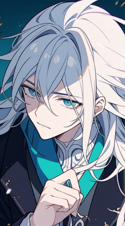 Close-up de um homem，com um olhar determinado em seus olhos，Pintura de figura bonita，Tem um gosto masculino，Man Guwitz，Arte em estilo Guviz，deus de cabelos brancos，Yang J.，Guvitz at pixiv art station。Personagens de anime armados com espadas e luz azul, keqing do impacto genshin, arte chave detalhada do anime, Handsome guy in the art of killing demons, Personagem do impacto Genshin, arte digital detalhada de anime, Genshin, Arte principal do anime, arte detalhada de personagem de anime, Badass anime 8 K, Nagito Komaeda, epic anime art, Ilustra??o de fantasia de anime