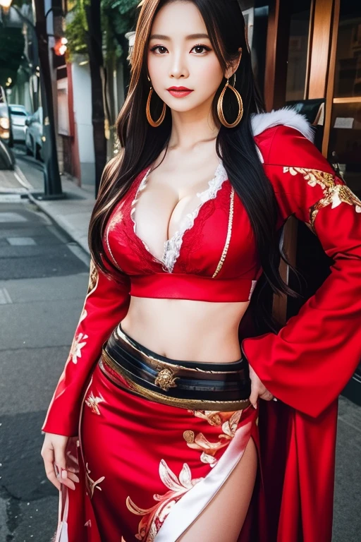 Close-up of a woman in a red dress taking a photo, sakimichan, yoko matsugane as mai shiranui, Traditional beauty, Japanese Goddess, Irelia, beautiful south Korean women, Cosplay, mai shiranui, anime girl Cosplay, Interesting outfits, Trending on cgstation, Korean Girls, Tifa, Korean women, Tifa lockhart