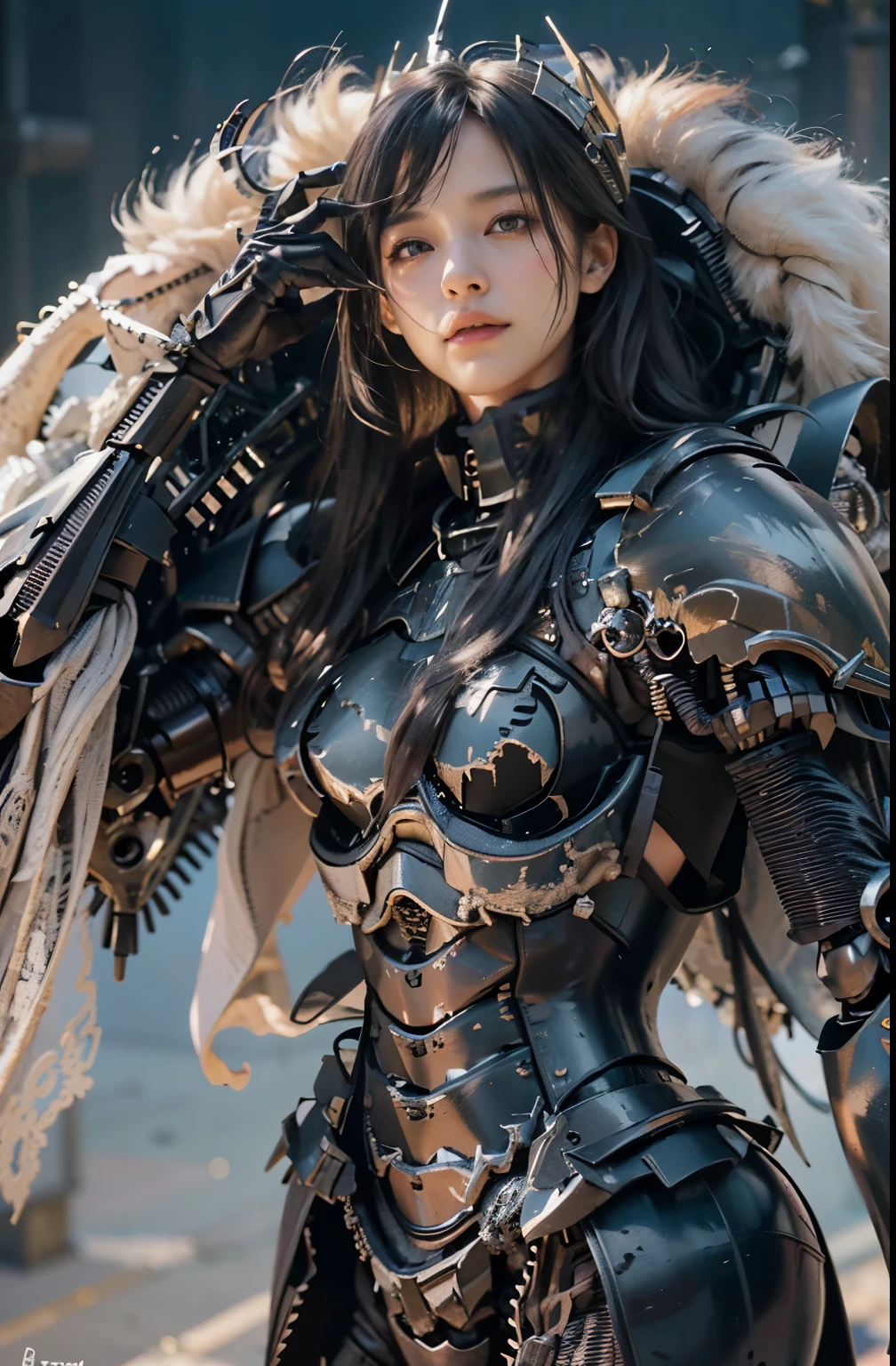 (masterpiece, best quality:1.2), (8k uhd, 16k, 32k, ultra high res), (photorealistic:1.37), (RAW photo), ultimate-realistic, ultimate-realistic details, ultimate-realistic texture, ultimate-intricate details, ultimate-realistic lighting, ultimate-realistic shadow, japanese girl, ultimate-cute face, ultimate-RAW skin, armor made of fine parts, ultimate-realistic eyes, Fallen angel, Lucifer, fallen, disastrous, (black mechanical knight armor:1.5), two pairs of jet black wings, straight hair, black hair, pretty Japanese woman, on top of a western castle tower