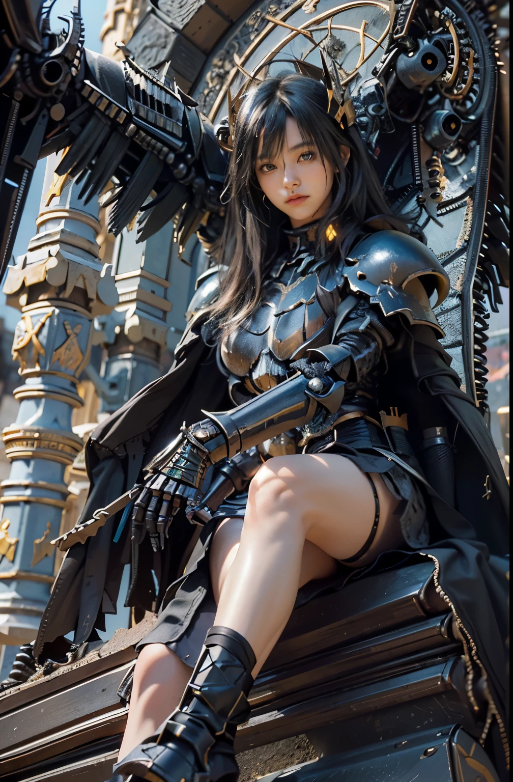 (masterpiece, best quality:1.2), (8k uhd, 16k, 32k, ultra high res), (photorealistic:1.37), (RAW photo), ultimate-realistic, ultimate-realistic details, ultimate-realistic texture, ultimate-intricate details, ultimate-realistic lighting, ultimate-realistic shadow, japanese girl, ultimate-cute face, ultimate-RAW skin, armor made of fine parts, ultimate-realistic eyes, Fallen angel, Lucifer, fallen, disastrous, (black mechanical knight armor:1.5), two pairs of jet black wings, straight hair, black hair, pretty Japanese woman, on top of a western castle tower
