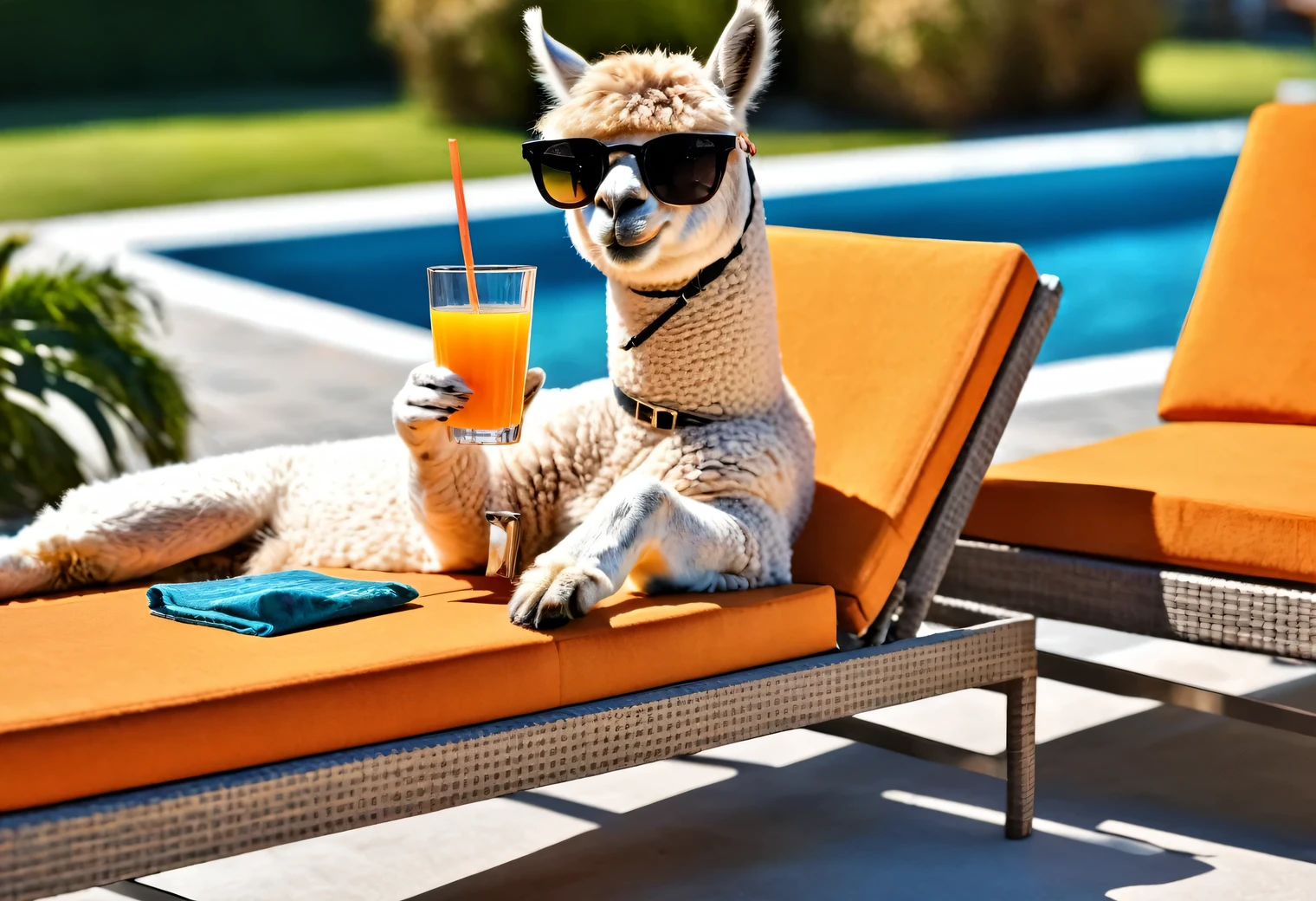 Realistic photo, humanoid (anthropomorphic) alpaca lying on a chaise longue by the pool in sunglasses, next to the table there is a beautiful glass with orange juice, upper corner, upper angle, full body, full pose, High detail, many details of the image, very complex, 32K, Hyperrealistic