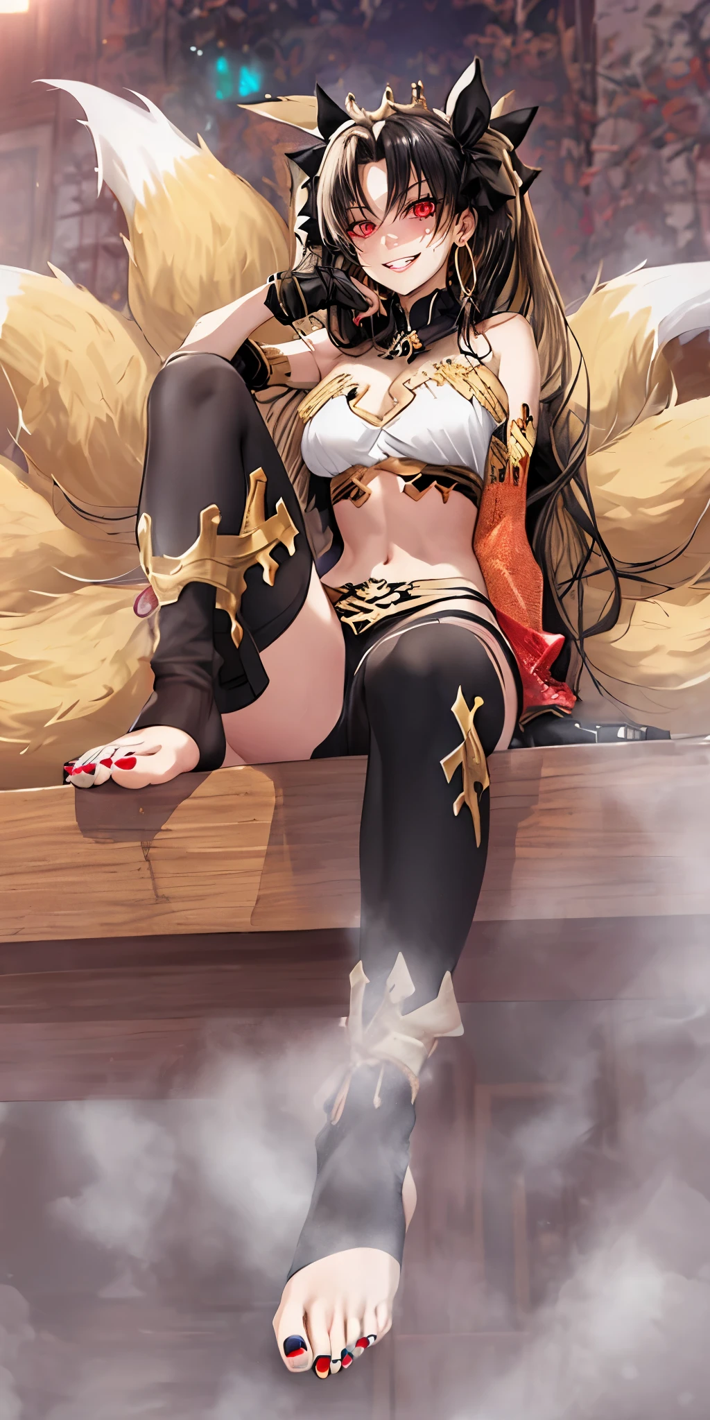 ishtar, long_hair, black_hair, two_side_up, red_eyes, jewelry, earrings, hoop_earrings, bangs, breasts, smile, ribbon, medium_breasts, parted_bangs, hair_ribbon, blush, hair_bow, anatomically correct, heavy breathing, mature female, animal_ears, tail, fox_ears, fox_tail, 1girl, nail_polish, multiple_tails, sitting, barefoot, open_mouth, toes, red_nails, feet, fangs, looking_at_viewer, black_legwear, fingerless_gloves, toeless_legwear, breasts, toenail_polish, large_breasts, gloves, solo, black_nails, sitting, head rest, wood, "glow effects, godrays, Hand drawn, render, 8k, octane render, cinema 4d, blender, dark, atmospheric 4k ultra detailed, cinematic, Sharp focus, big depth of field, Masterpiece, colors, 3d octane render, 4k, concept art, trending on artstation, hyperrealistic, Vivid colors, extremely detailed CG unity 8k wallpaper, trending on CGSociety, Intricate, High Detail, dramatic", sweating, steaming body, fog, (shaded face:1.2), hollow eyes, red eyes, looking at viewer, (heavy breathing:1.2), smirk, upper teeth, lips, glowing eyes,