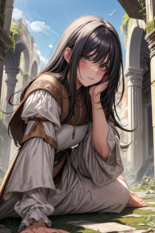 macho, cabelo curto ruivo com franja, olhos pretos, adulto face, adulto, capuz branco e mortalha, bonito, fantasia medieval, ruins, feiticeiros