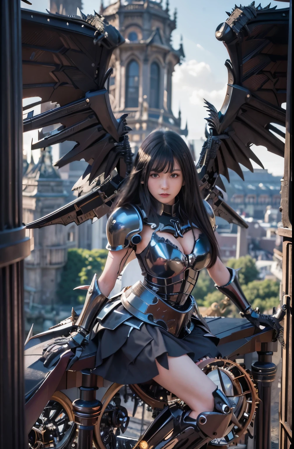 (masterpiece, best quality:1.2), (8k uhd, 16k, 32k, ultra high res), (photorealistic:1.37), (RAW photo), ultimate-realistic, ultimate-realistic details, ultimate-realistic texture, ultimate-intricate details, ultimate-realistic lighting, ultimate-realistic shadow, japanese girl, ultimate-cute face, ultimate-RAW skin, armor made of fine parts, ultimate-realistic eyes, Fallen angel, Lucifer, fallen, disastrous, (black mechanical knight armor:1.5), two pairs of jet black wings, straight hair, black hair, pretty Japanese woman, on top of a western castle tower