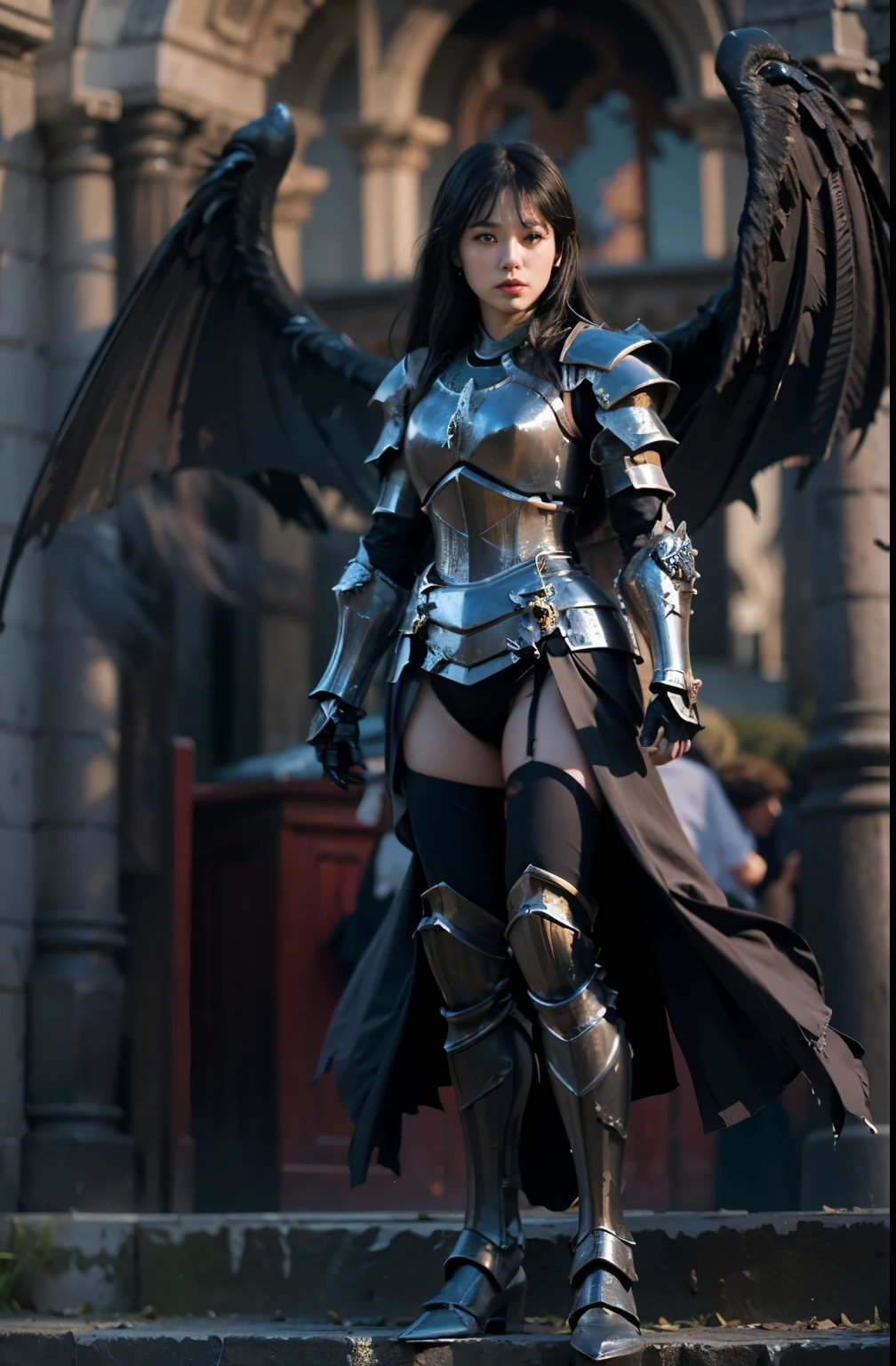 (medium full shot) of (bonnie young woman:1.1) demon, yellow eyes, chinese with straight black hair, dark eyes, fair skin, petite, wearing Metallic silver armor featuring a sleek breastplate, metallic pants, thigh-high boots, spiked pauldrons, and flowing cloak, horned skull helm, emanating an aura of dread, twisted and contorted Wicked wings exuding an aura of malevolence, carrying a scepter adorned with cursed gems, scared at the viewer, she's running toward the viewer, .set in Chasm of Whispers, Bottomless abyss with swirling mist obscuring the depths below, faint whispers echoing off the walls, crumbling ruins jutting out from the sheer cliffs, and a foreboding silence hanging in the air , at night. ,Masterpiece,best quality, photorealistic, amazing quality, very aesthetic, extremely detailed face,